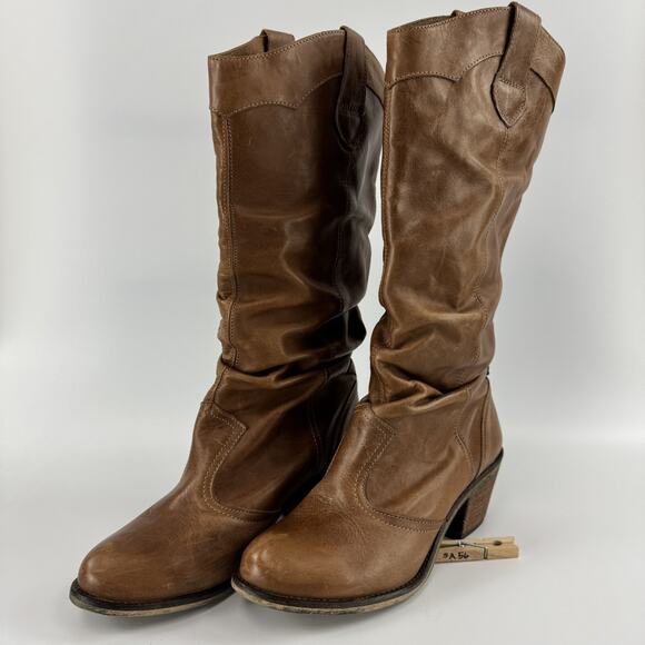 Steve Madden Classic Western Style Tan Cognac Leather Scrunched Slouchy 10 M - Picture 5 of 9